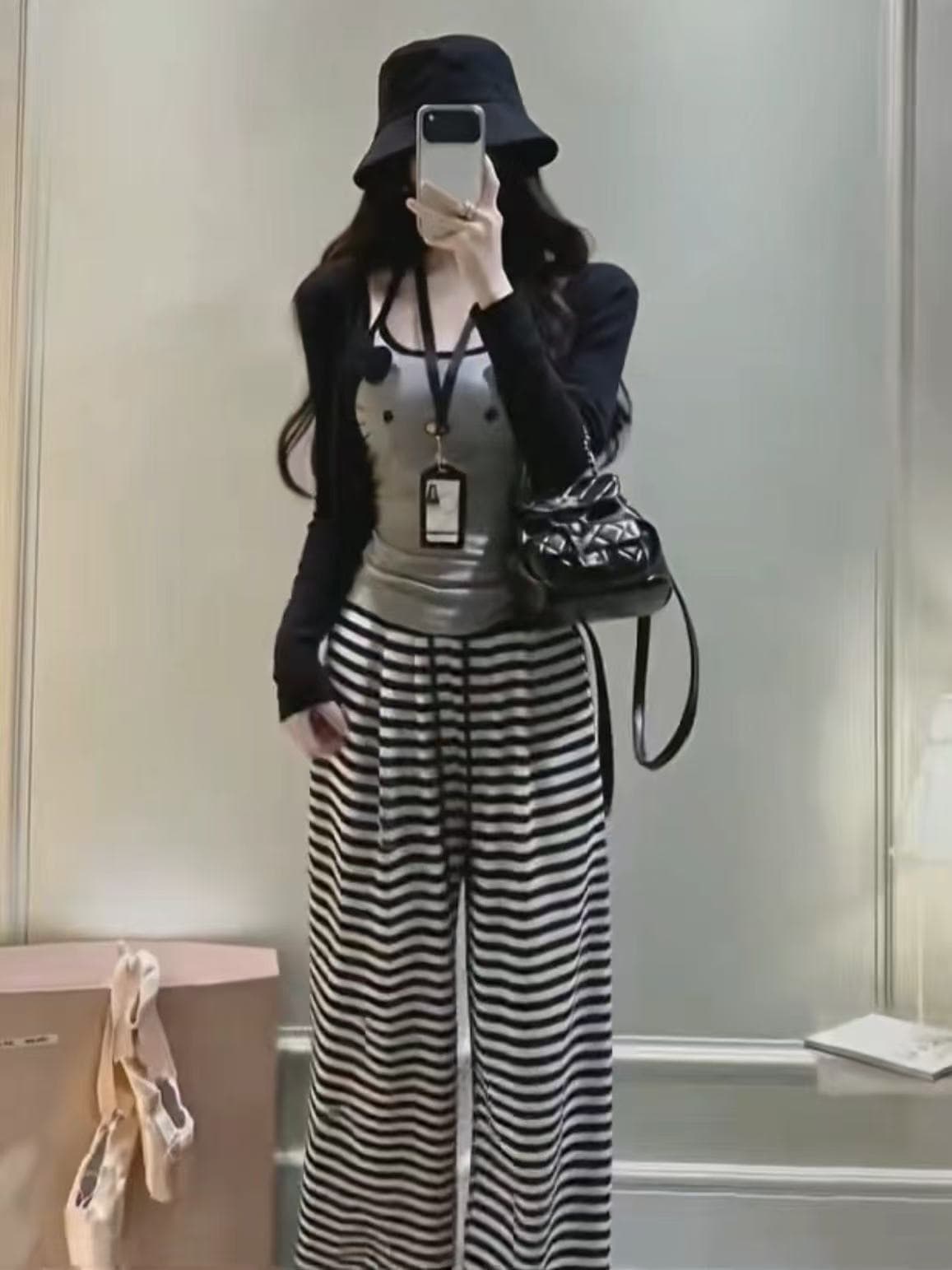 새로운 한국 스타일 패션 몸매 가꾸기 자외선 차단 의류 만화 슬립 허리밴드 스트라이프 캐주얼 바지 3종 세트 이미지 2