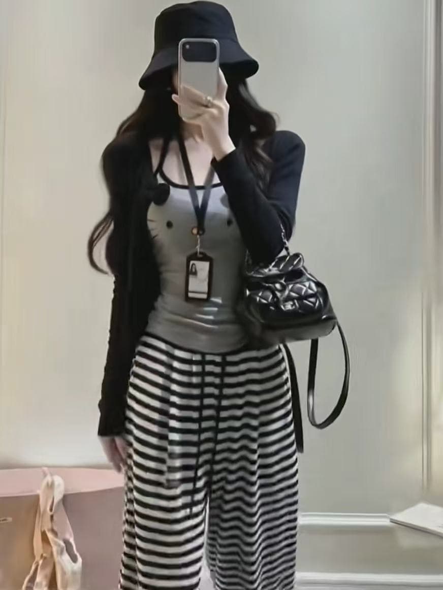 새로운 한국 스타일 패션 몸매 가꾸기 자외선 차단 의류 만화 슬립 허리밴드 스트라이프 캐주얼 바지 3종 세트 이미지 3