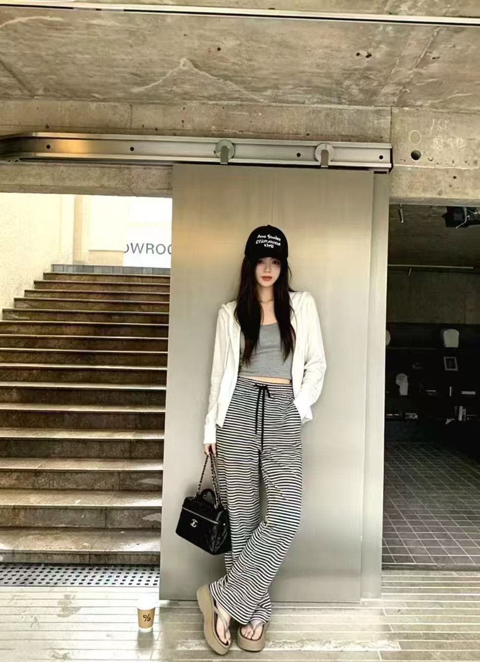 새로운 한국 스타일 패션 후드 자외선 차단 재킷 슬립 허리밴드 스트라이프 와이드 레그 팬츠 3종 세트 상세 이미지 6