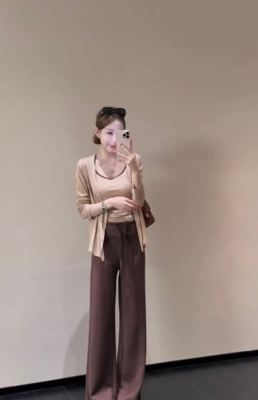 새로운 외국 가스 슬림해 보이는 패치워크 색상 캐미솔 카디건 코트 허리밴드 캐주얼 바지 3종 세트 상세 이미지 3