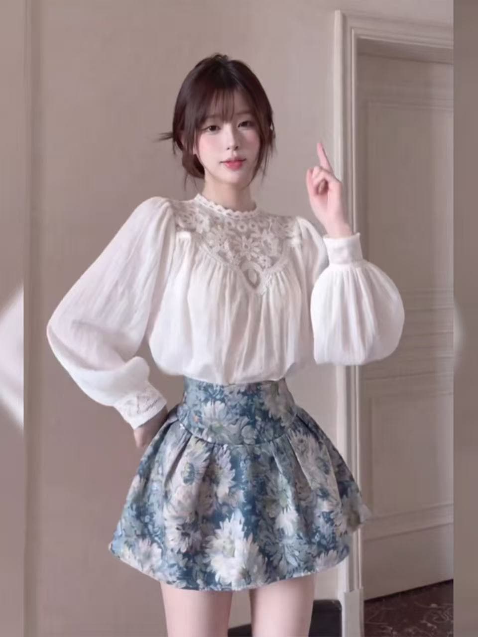 새로운 달콤함 우아함 바람 무거운 작업 자수 레이스 레이스 셔츠 하이웨이스트 꽃무늬 반신 치마 세트 상세 이미지 1
