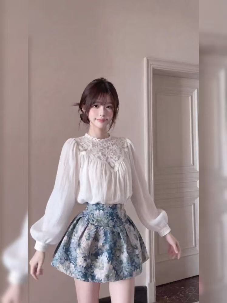 새로운 달콤함 우아함 바람 무거운 작업 자수 레이스 레이스 셔츠 하이웨이스트 꽃무늬 반신 치마 세트 상세 이미지 4