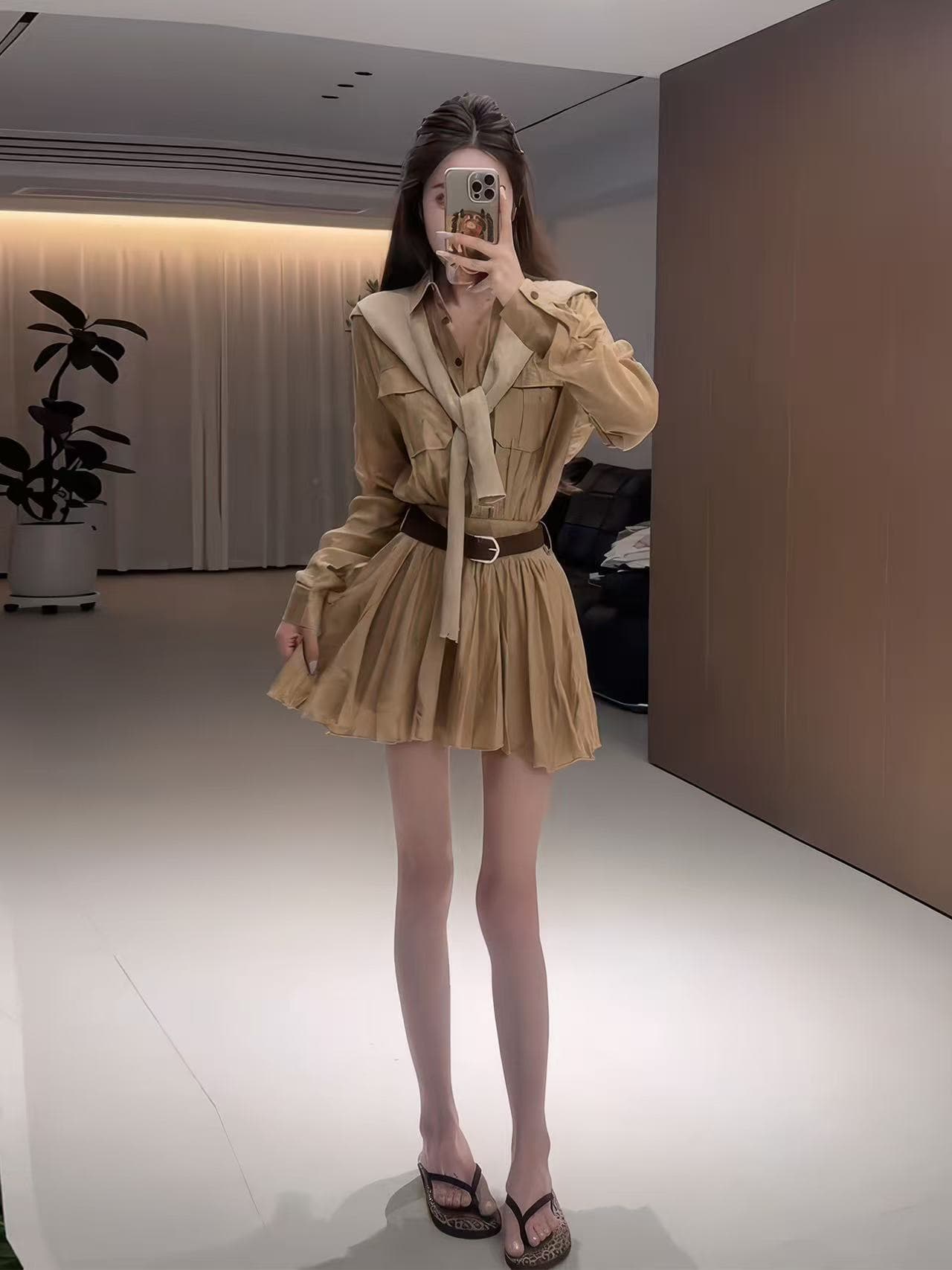 새로운 한국 스타일 패션 출퇴근 고급 센스 그는 벤 바람 워크웨어 퍼프 미니 스커트 숄 벨트 3 세트 이미지 2
