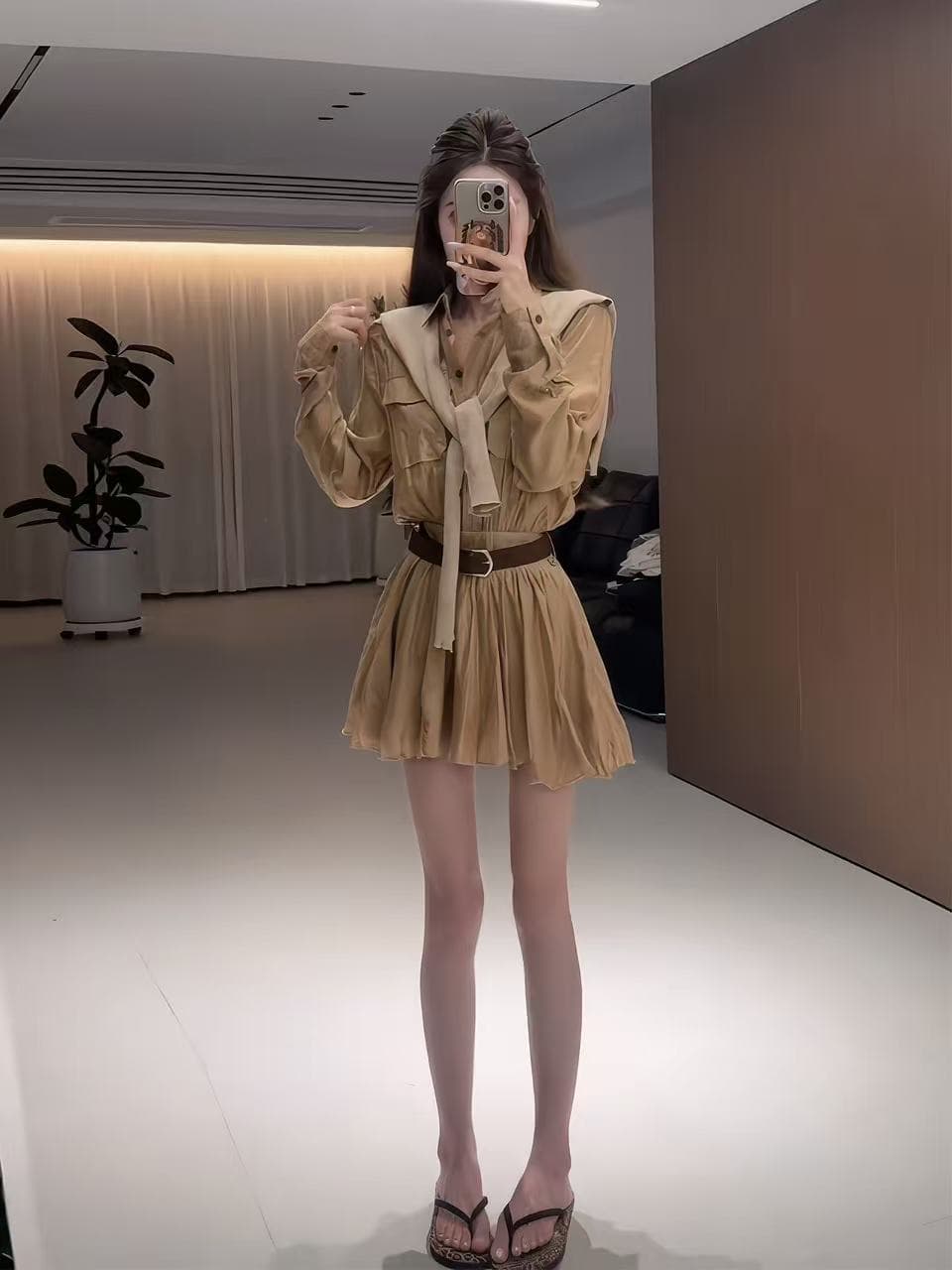 새로운 한국 스타일 패션 출퇴근 고급 센스 그는 벤 바람 워크웨어 퍼프 미니 스커트 숄 벨트 3 세트 상세 이미지 2