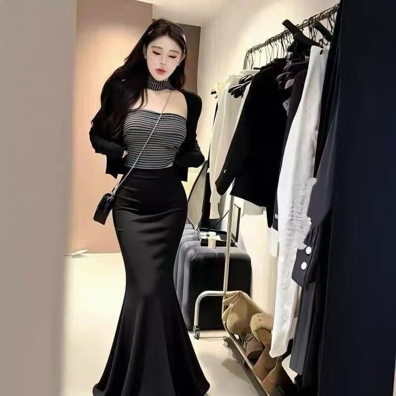 새로운 몸매 가꾸기 자외선 차단 오픈 가디건 스트라이프 튜브탑 조끼 허리밴드 인어 꼬리 스커트 리본 4 세트 상세 이미지 2