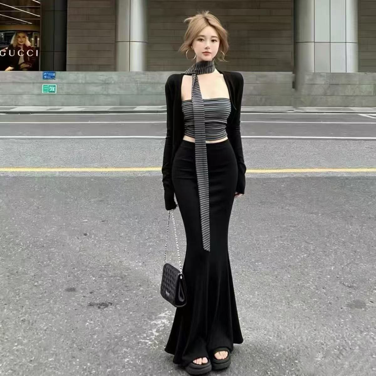 새로운 몸매 가꾸기 자외선 차단 오픈 가디건 스트라이프 튜브탑 조끼 허리밴드 인어 꼬리 스커트 리본 4 세트 상세 이미지 3