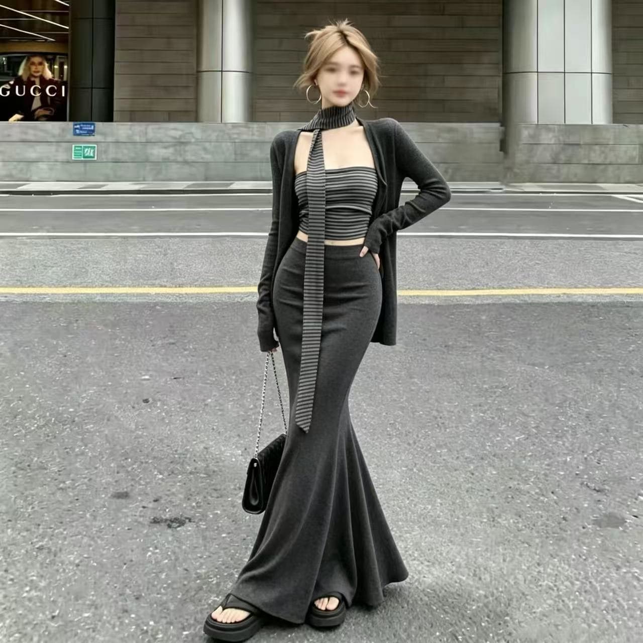 새로운 몸매 가꾸기 자외선 차단 오픈 가디건 스트라이프 튜브탑 조끼 허리밴드 인어 꼬리 스커트 리본 4 세트 상세 이미지 6