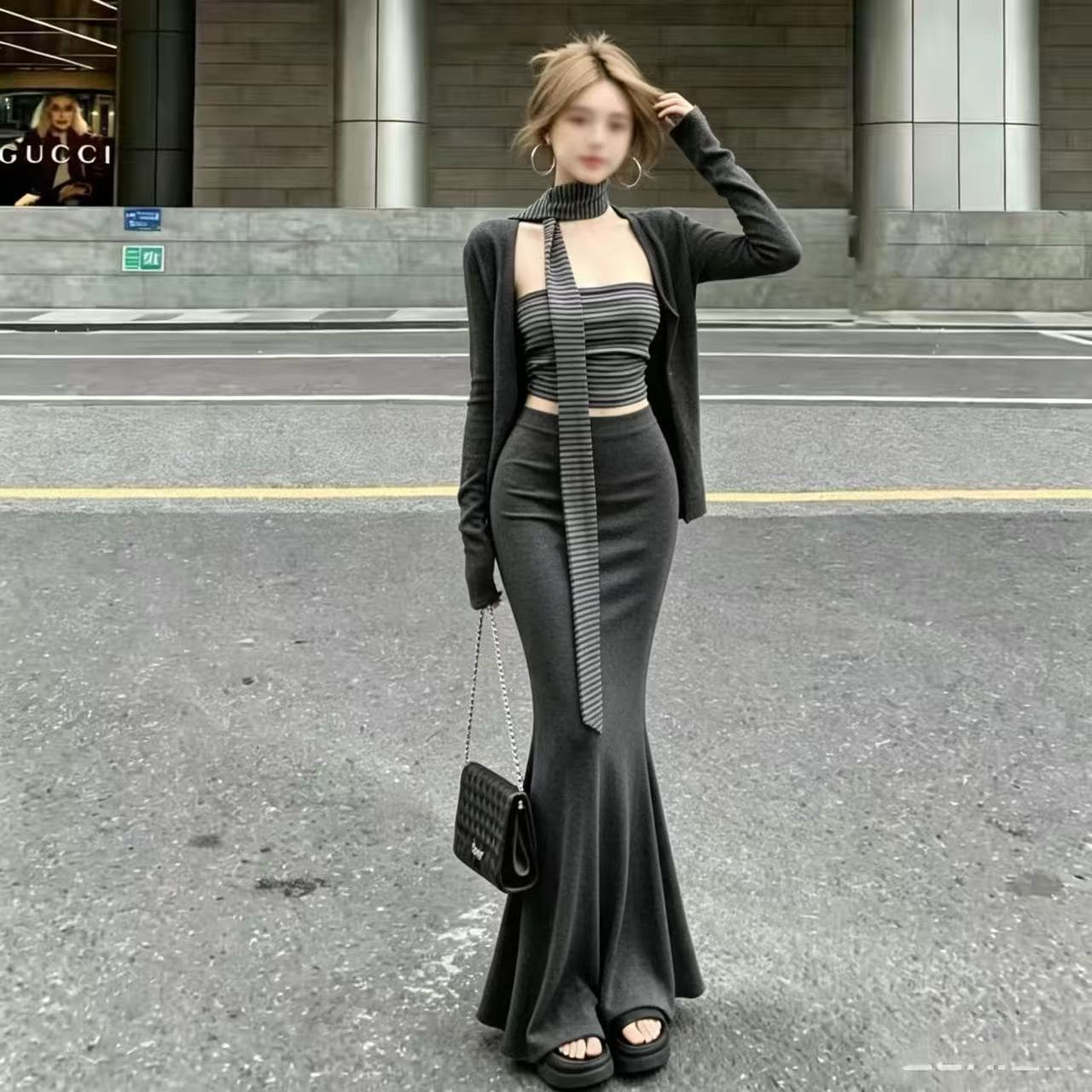 새로운 몸매 가꾸기 자외선 차단 오픈 가디건 스트라이프 튜브탑 조끼 허리밴드 인어 꼬리 스커트 리본 4 세트 상세 이미지 8