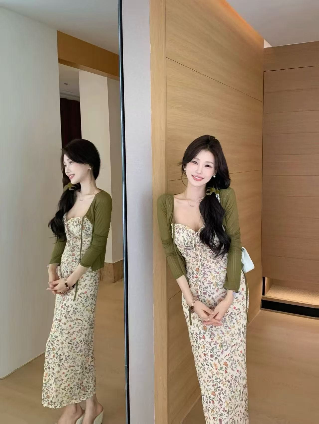 새로운 한국 스타일 패션 얇은 스타일 자외선 차단 오픈 가디건 작은 청신 꽃무늬 허리 수축 드레스 투피스 세트 이미지 3
