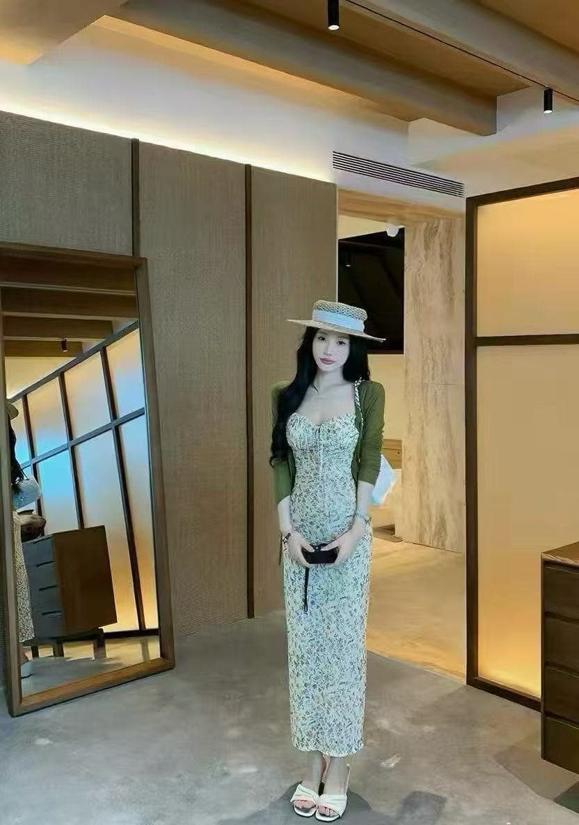 새로운 한국 스타일 패션 얇은 스타일 자외선 차단 오픈 가디건 작은 청신 꽃무늬 허리 수축 드레스 투피스 세트 상세 이미지 4