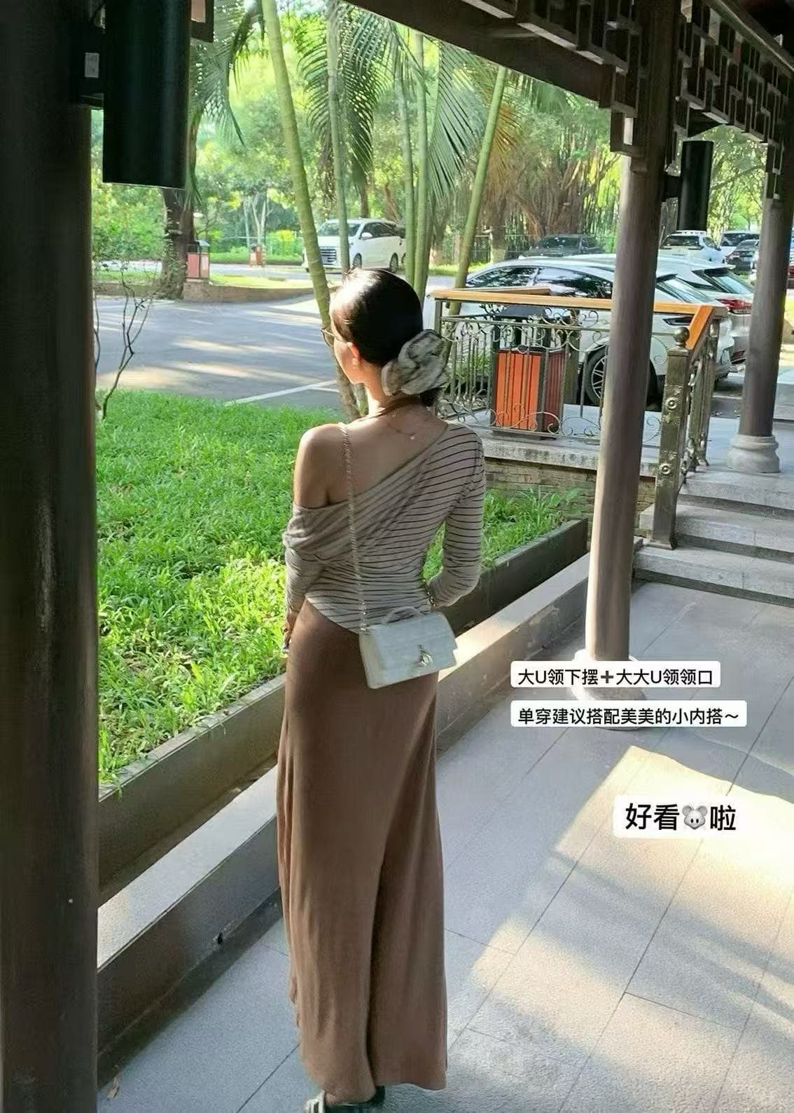 새로운 한국 스타일 패션 레트로 스트라이프 슬림해 보이는 만나는 블라우스 행침 목 슬림해 보이는 슬립 치마 세트 상세 이미지 5
