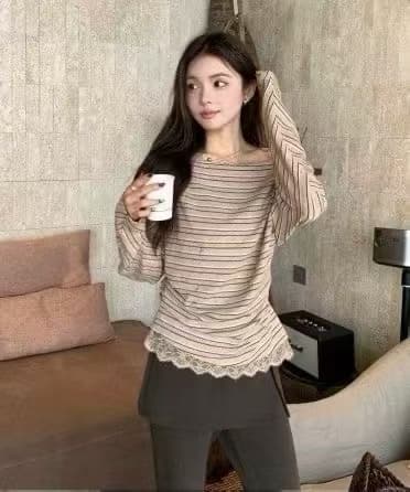 새로운 레트로 슬림해 보이는 핫걸 패치워크 레이스 오프숄더 스트라이프 맨위 방귀 커튼 캐주얼 바지 투피스 세트 상세 이미지 1