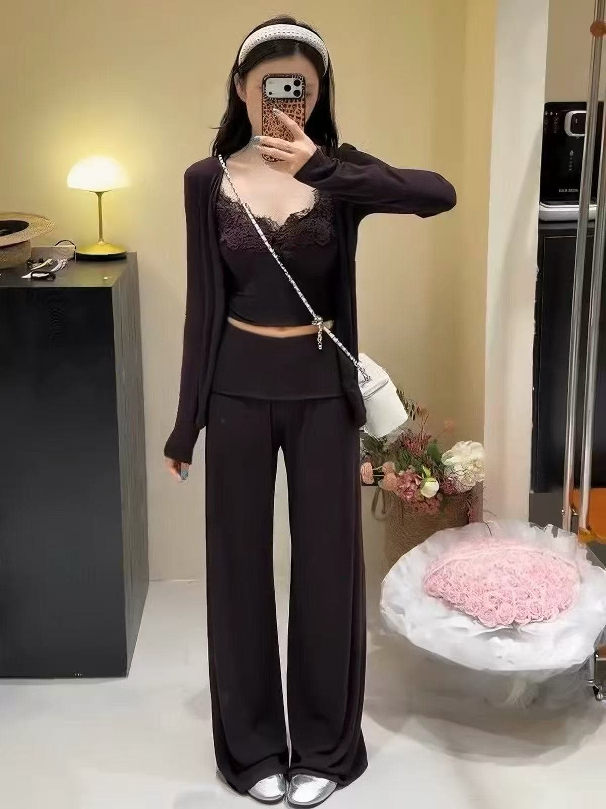 새로운 품격 패션 다용도 오픈 가디건 레이스 슬립 허리밴드 페이크 레이어드 와이드 레그 팬츠 3종 세트 상세 이미지 6