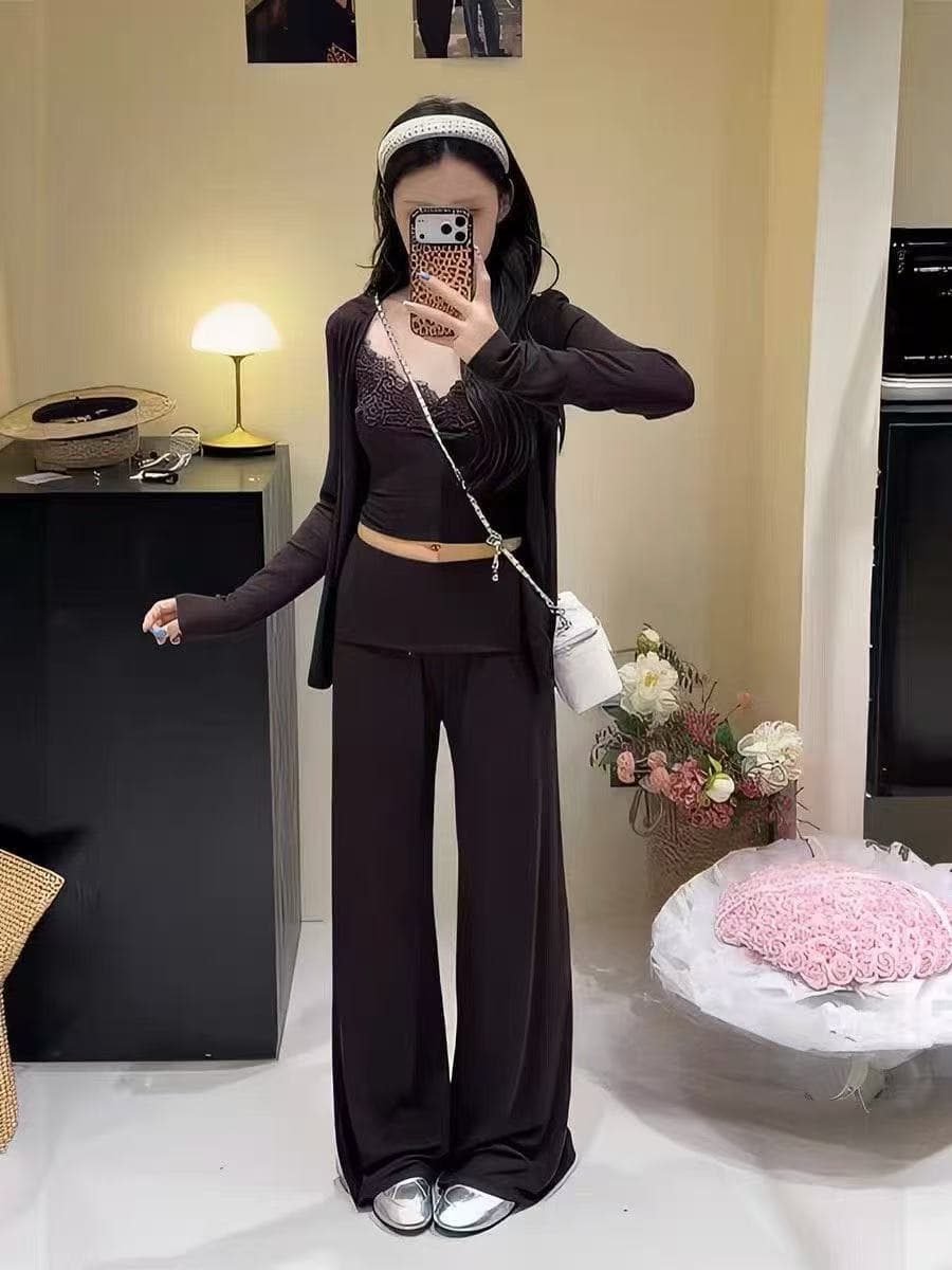 새로운 품격 패션 다용도 오픈 가디건 레이스 슬립 허리밴드 페이크 레이어드 와이드 레그 팬츠 3종 세트 상세 이미지 7