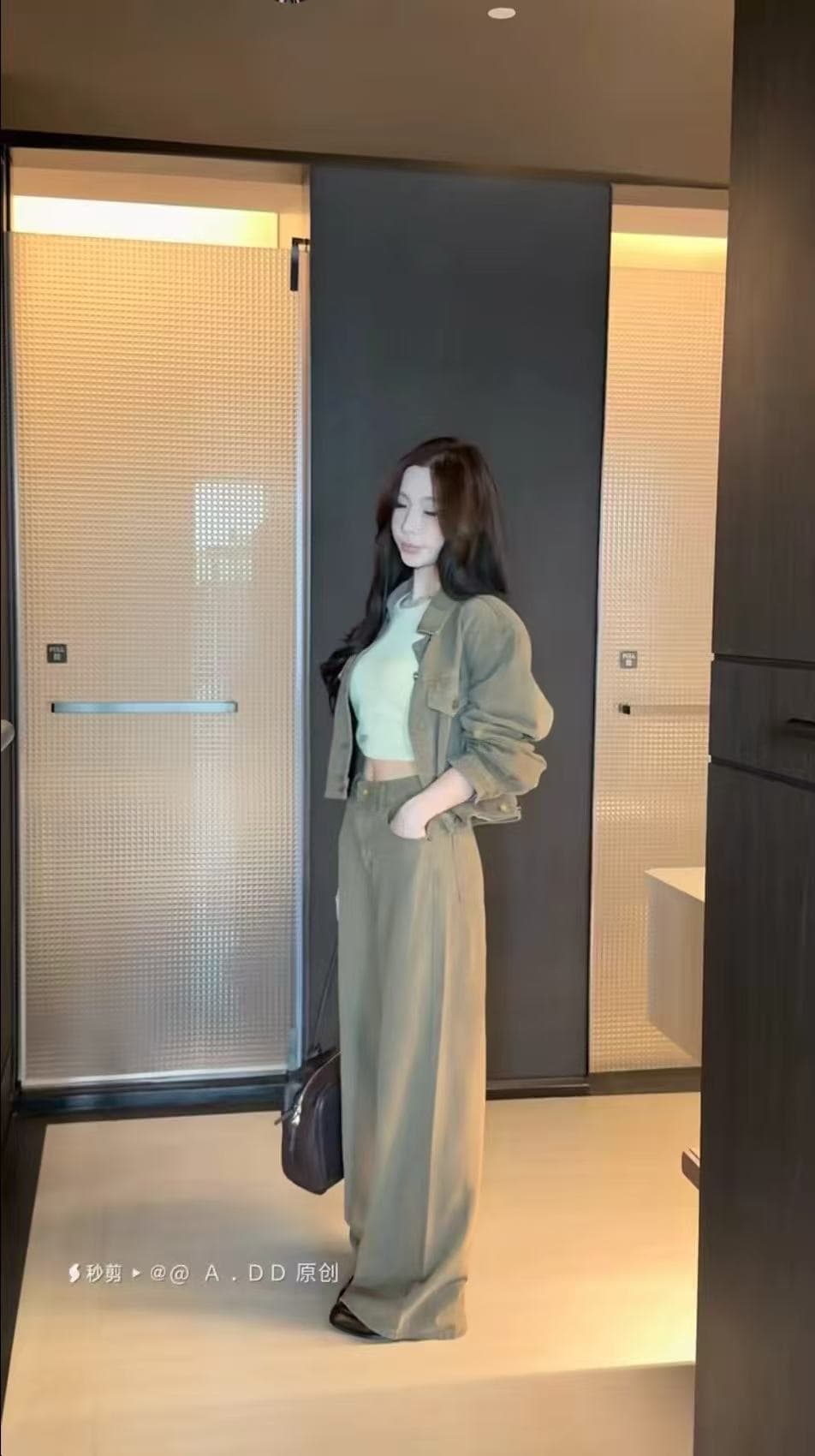 새로운 패션 레트로 아메리칸 착용 가져 가라. 캐주얼 긴팔 데님 재킷 하이웨이스트 슬림해 보이는 와이드 레그 팬츠 투피스 세트 상세 이미지 2