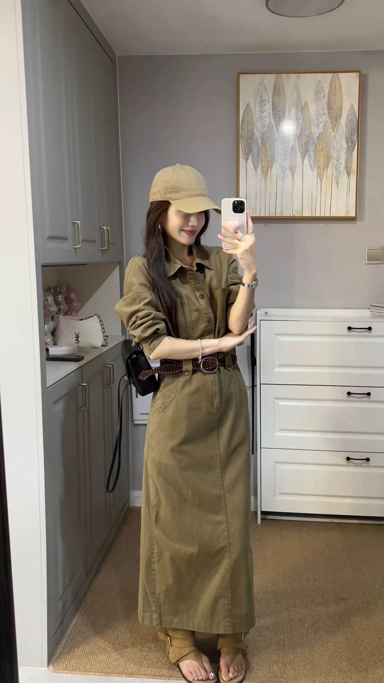 새로운 패션 레트로 아메리칸 착용 가져 가라. 캐주얼 워싱 데님 허리 수축 드레스 벨트 투피스 세트 이미지 2