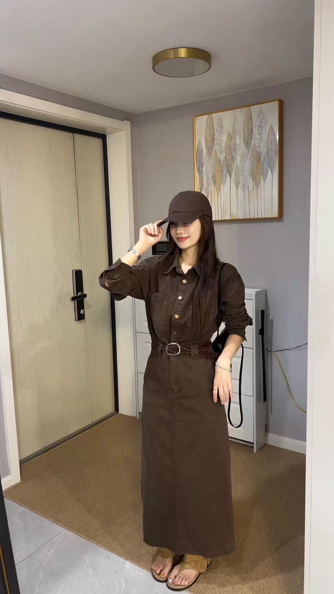 새로운 패션 레트로 아메리칸 착용 가져 가라. 캐주얼 워싱 데님 허리 수축 드레스 벨트 투피스 세트 이미지 4