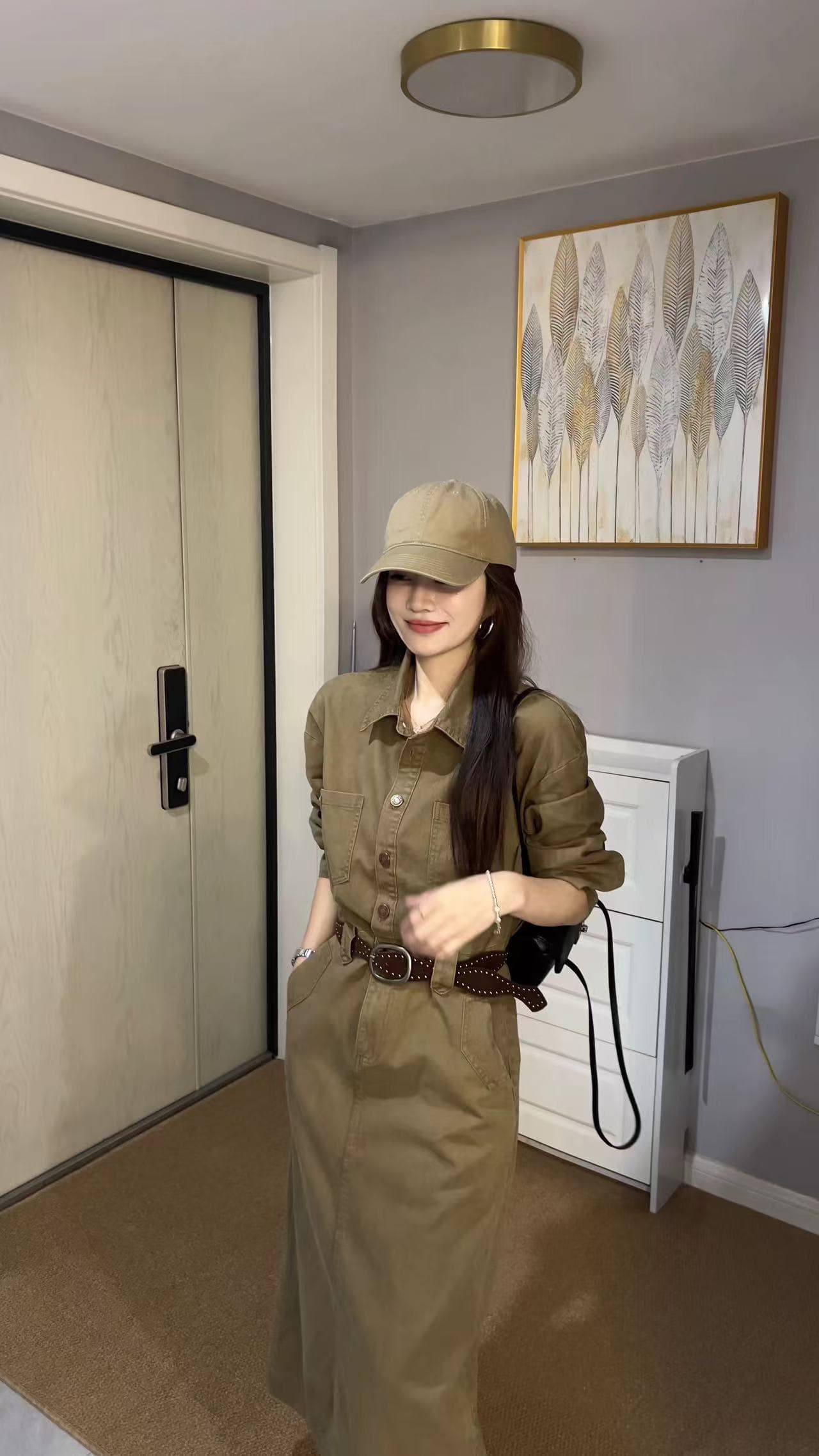 새로운 패션 레트로 아메리칸 착용 가져 가라. 캐주얼 워싱 데님 허리 수축 드레스 벨트 투피스 세트 상세 이미지 2