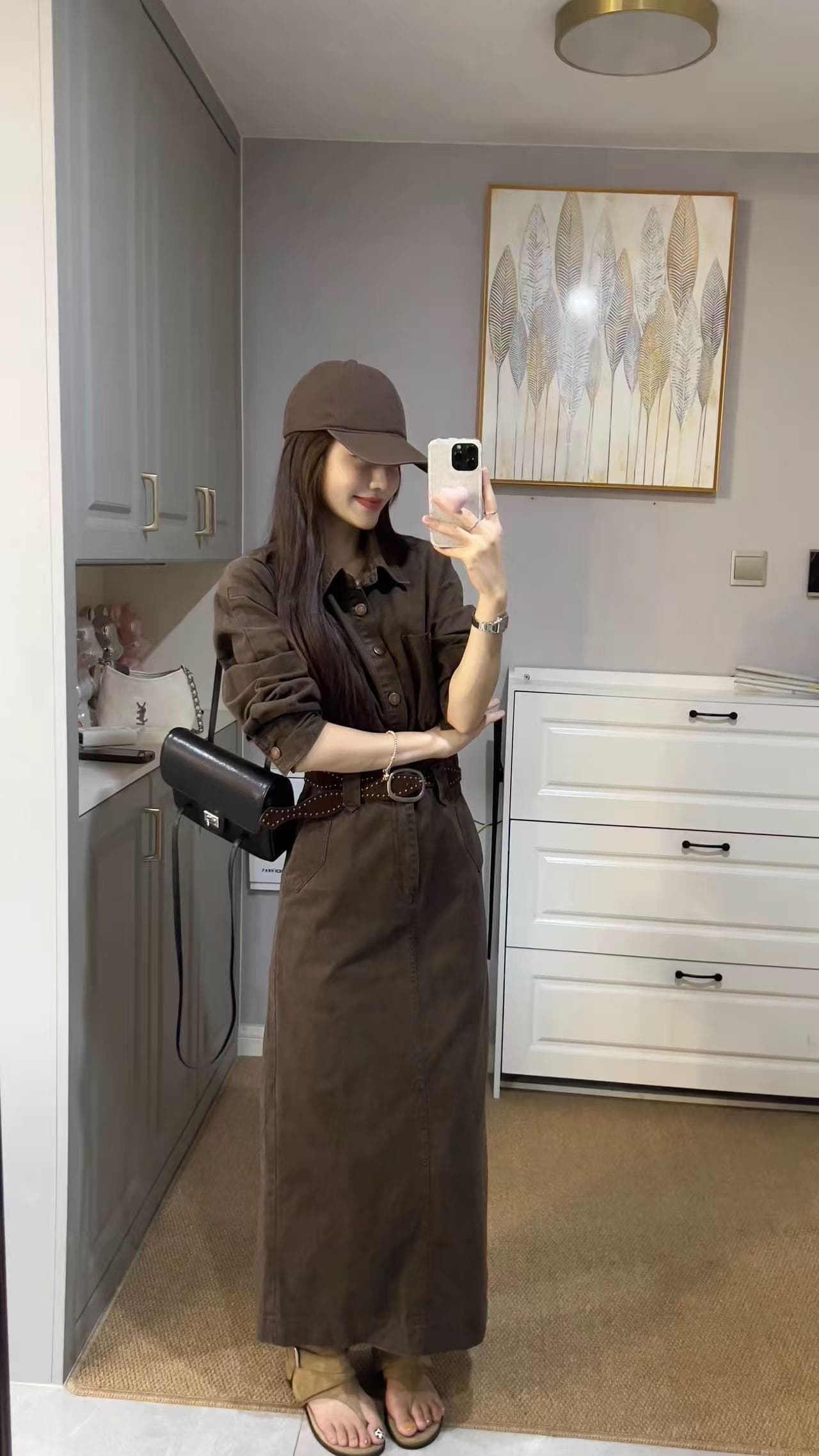 새로운 패션 레트로 아메리칸 착용 가져 가라. 캐주얼 워싱 데님 허리 수축 드레스 벨트 투피스 세트 상세 이미지 8
