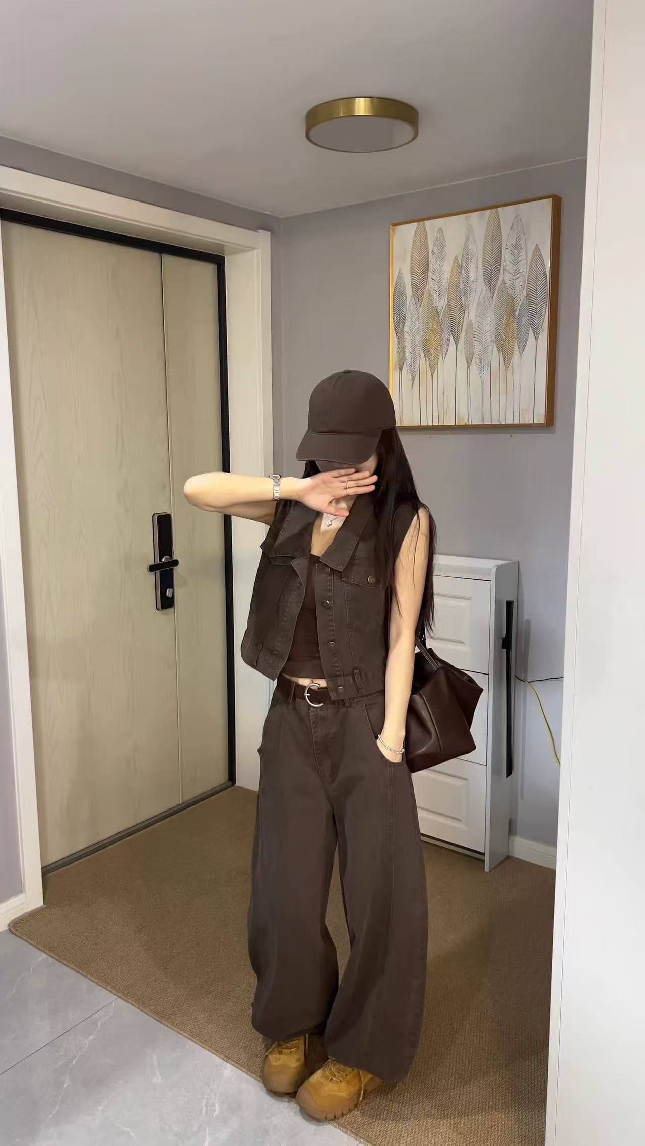 새로운 한국 스타일 패션 폴로 칼라 단추 데님 베스트 조끼 하이웨이스트 캐주얼 바지 벨트 3 세트 상세 이미지 6