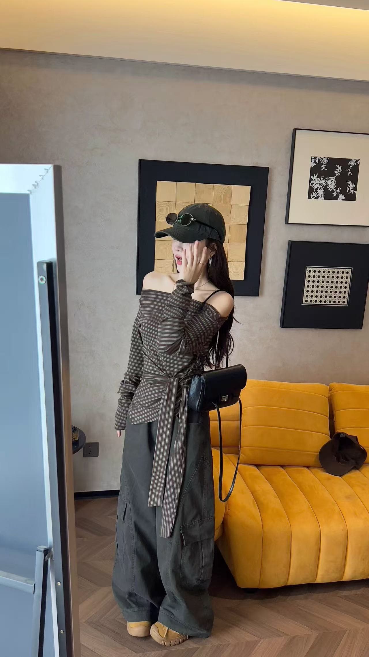 새로운 패션 연령 감소 캐주얼 비스듬한 어깨 동점 매듭 스트라이프 긴팔 맨위 하이웨이스트 워크웨어 캐주얼 바지 세트 이미지 4