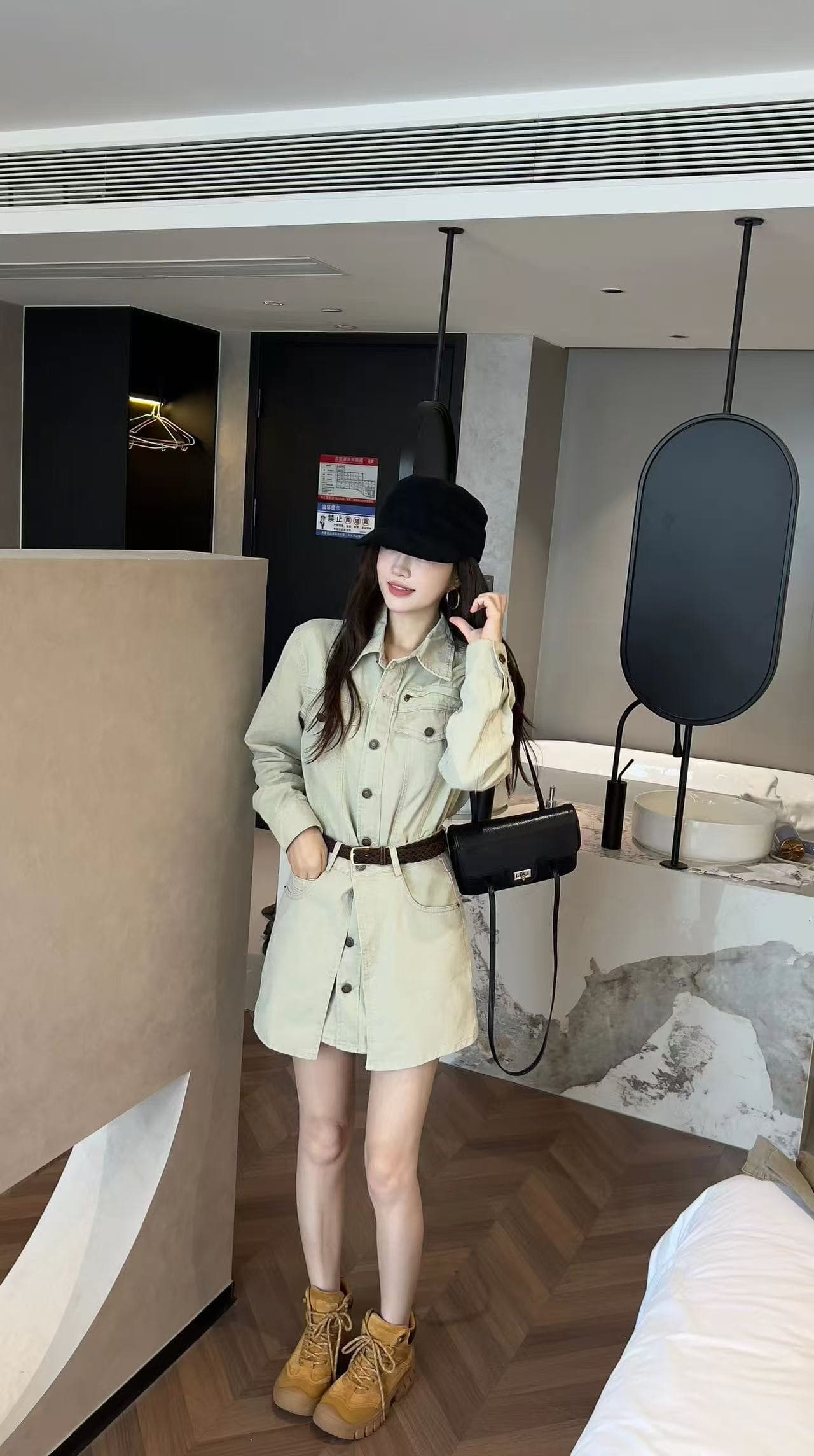 새로운 패션 슈퍼 잘 생긴 레트로 POLO 칼라 데님 롱 코트 셔츠 방귀 커튼 벨트 3 세트 상세 이미지 4