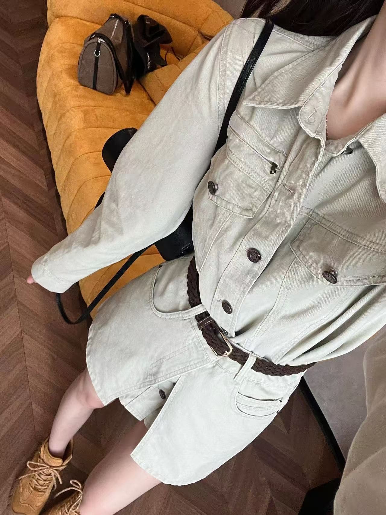 새로운 패션 슈퍼 잘 생긴 레트로 POLO 칼라 데님 롱 코트 셔츠 방귀 커튼 벨트 3 세트 상세 이미지 5
