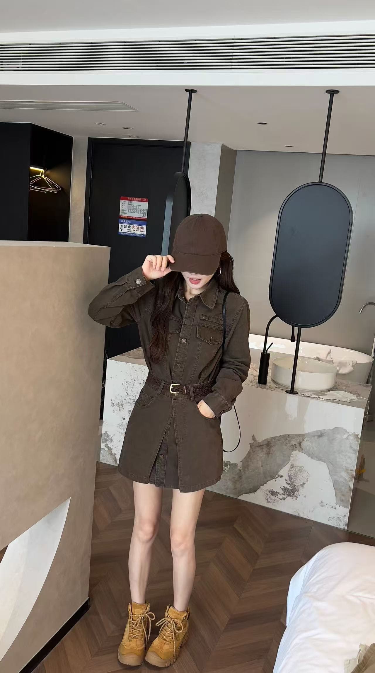 새로운 패션 슈퍼 잘 생긴 레트로 POLO 칼라 데님 롱 코트 셔츠 방귀 커튼 벨트 3 세트 상세 이미지 7