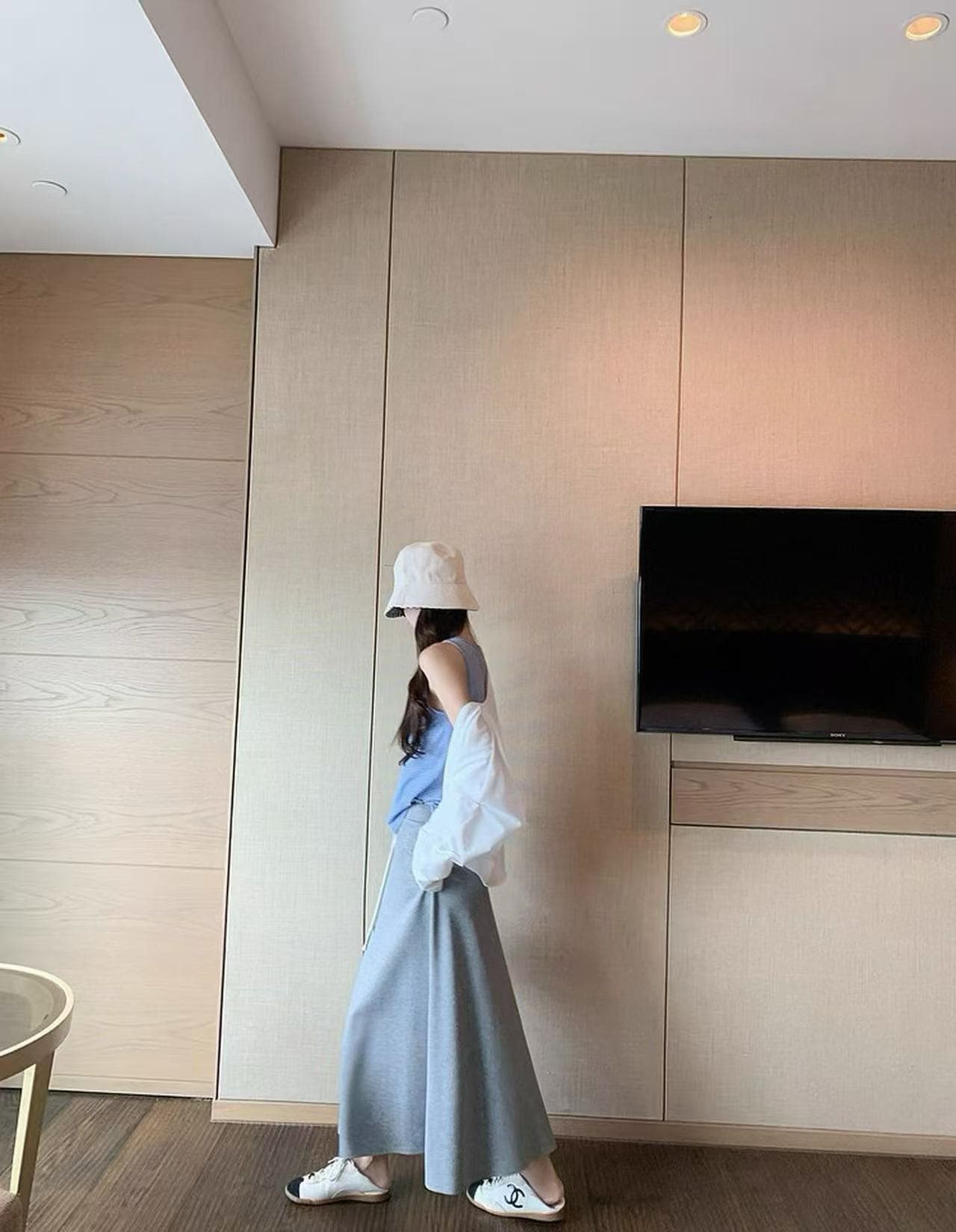 새로운 한 부서 패션 얇은 스타일 오픈 가디건 스트라이프 캐미솔 허리밴드 반신 스커트 3종 세트 이미지 3