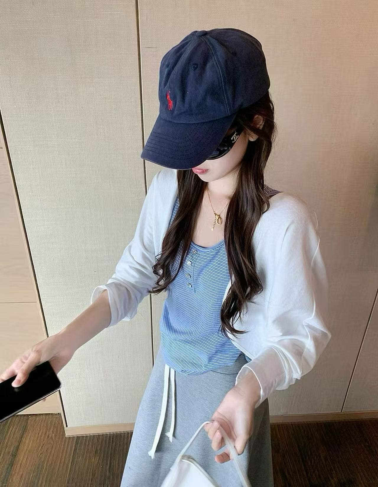 새로운 한 부서 패션 얇은 스타일 오픈 가디건 스트라이프 캐미솔 허리밴드 반신 스커트 3종 세트 상세 이미지 1