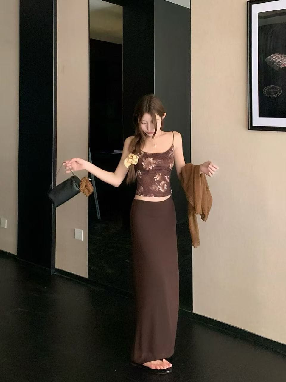새로운 프랑스식 레트로 얇은 스타일 오픈 가디건 프린트 캐미솔 하이웨이스트 인어 꼬리 반신 스커트 3종 세트 상세 이미지 6