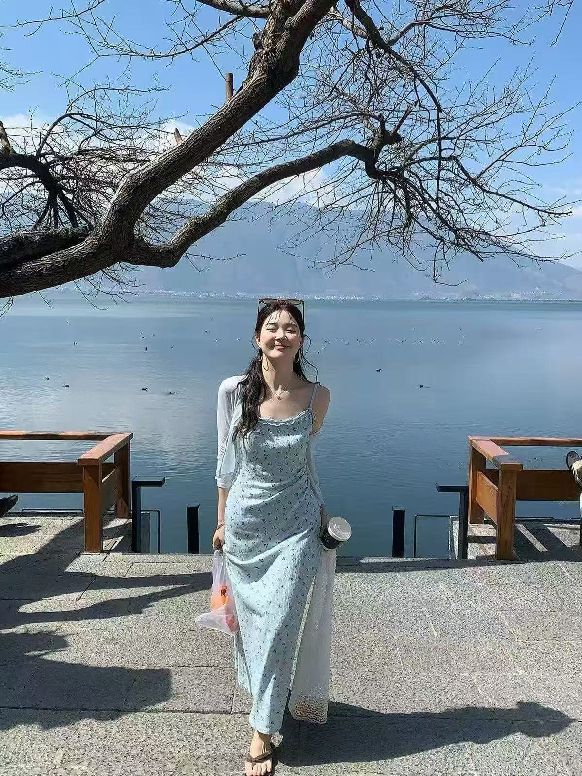 새로운 한국 스타일 패션 바다 소금 꽃무늬 슬립 드레스 자외선 차단 오픈 가디건 세트 이미지 2