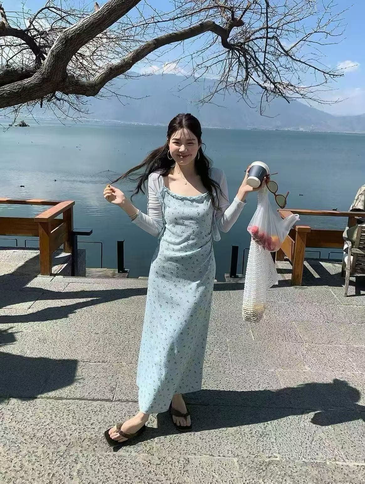 새로운 한국 스타일 패션 바다 소금 꽃무늬 슬립 드레스 자외선 차단 오픈 가디건 세트 상세 이미지 2