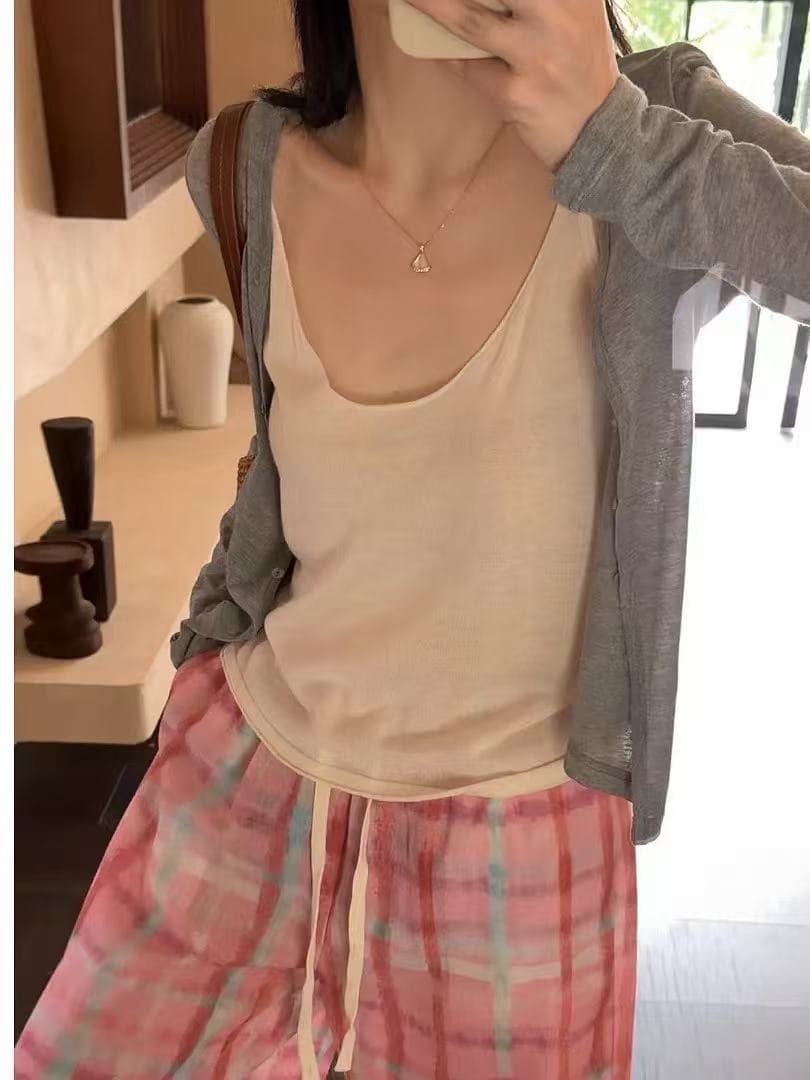 새로운 한 스타일 느긋한 바람 루즈핏 슬립 얇은 스타일 오픈 가디건 허리밴드 체크무늬 와이드 레그 팬츠 3 세트 상세 이미지 7