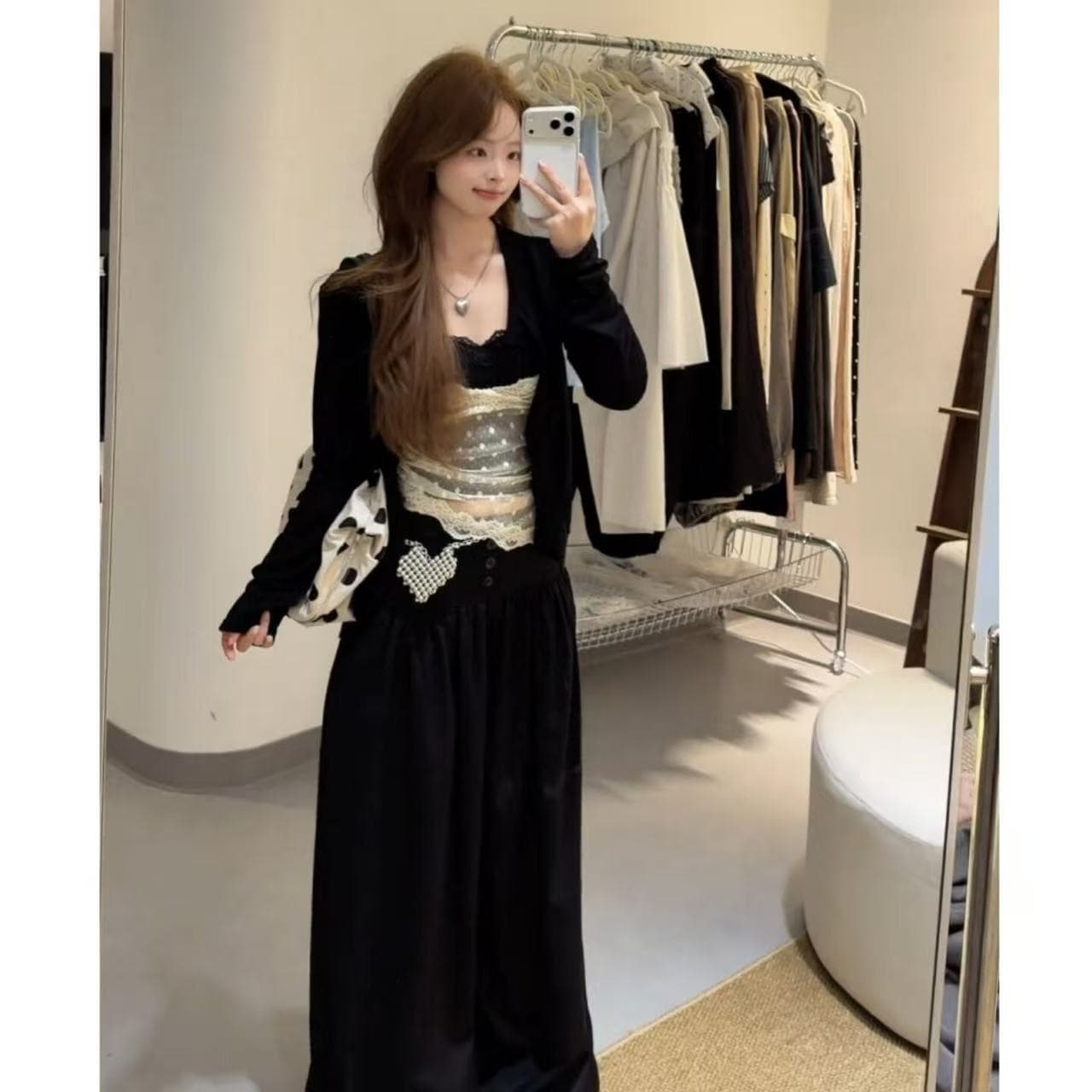 새로운 한국 스타일 패션 오픈 가디건 스택 착용 레이스 슬립 허리밴드 캐주얼 정장 바지 3 세트 상세 이미지 3