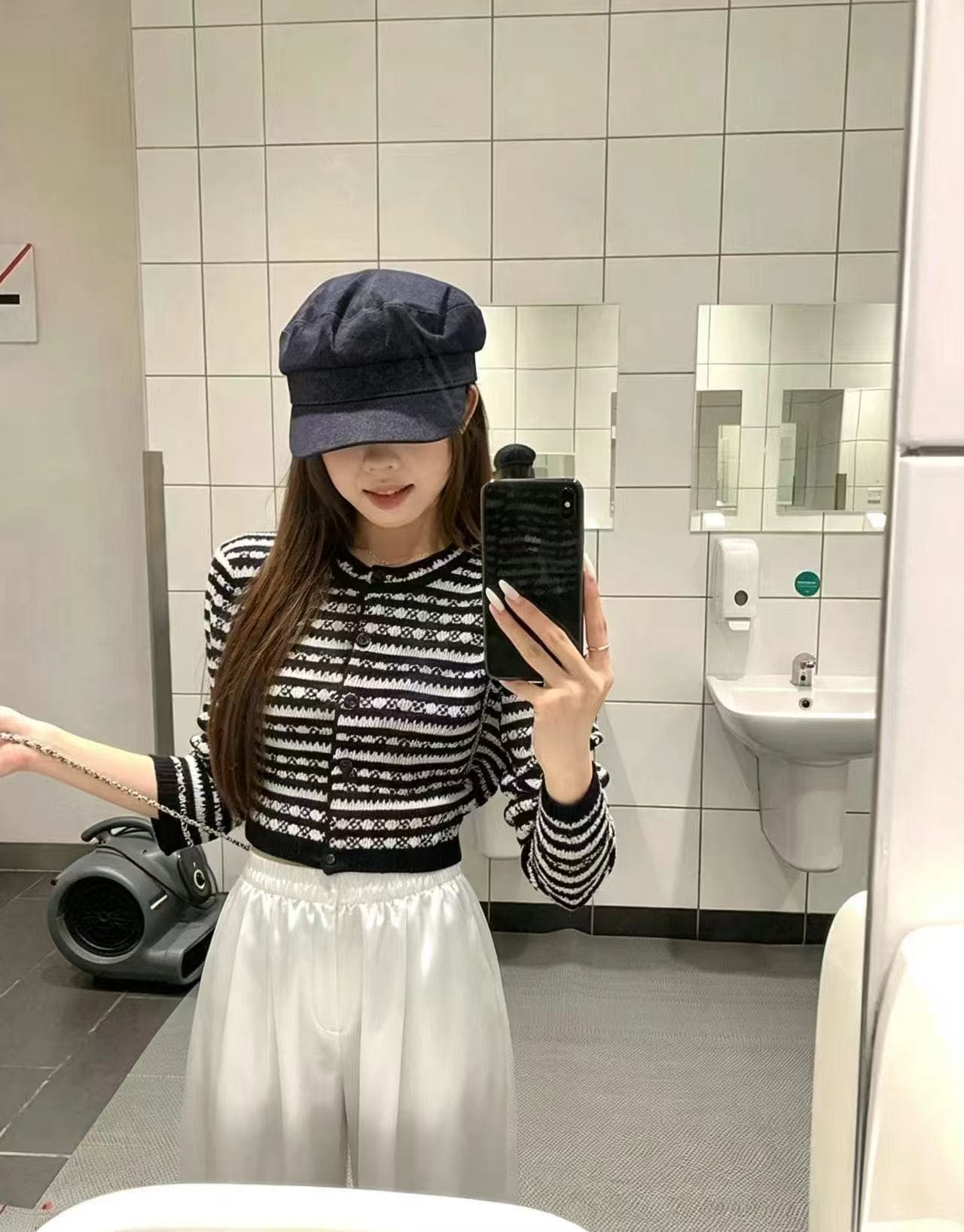새로운 프랑스식 작은 샤넬 스타일 스트라이프 니트 쇼트 스타일 라운드 넥 긴팔 오픈 가디건 허리밴드 캐주얼 바지 세트 이미지 4