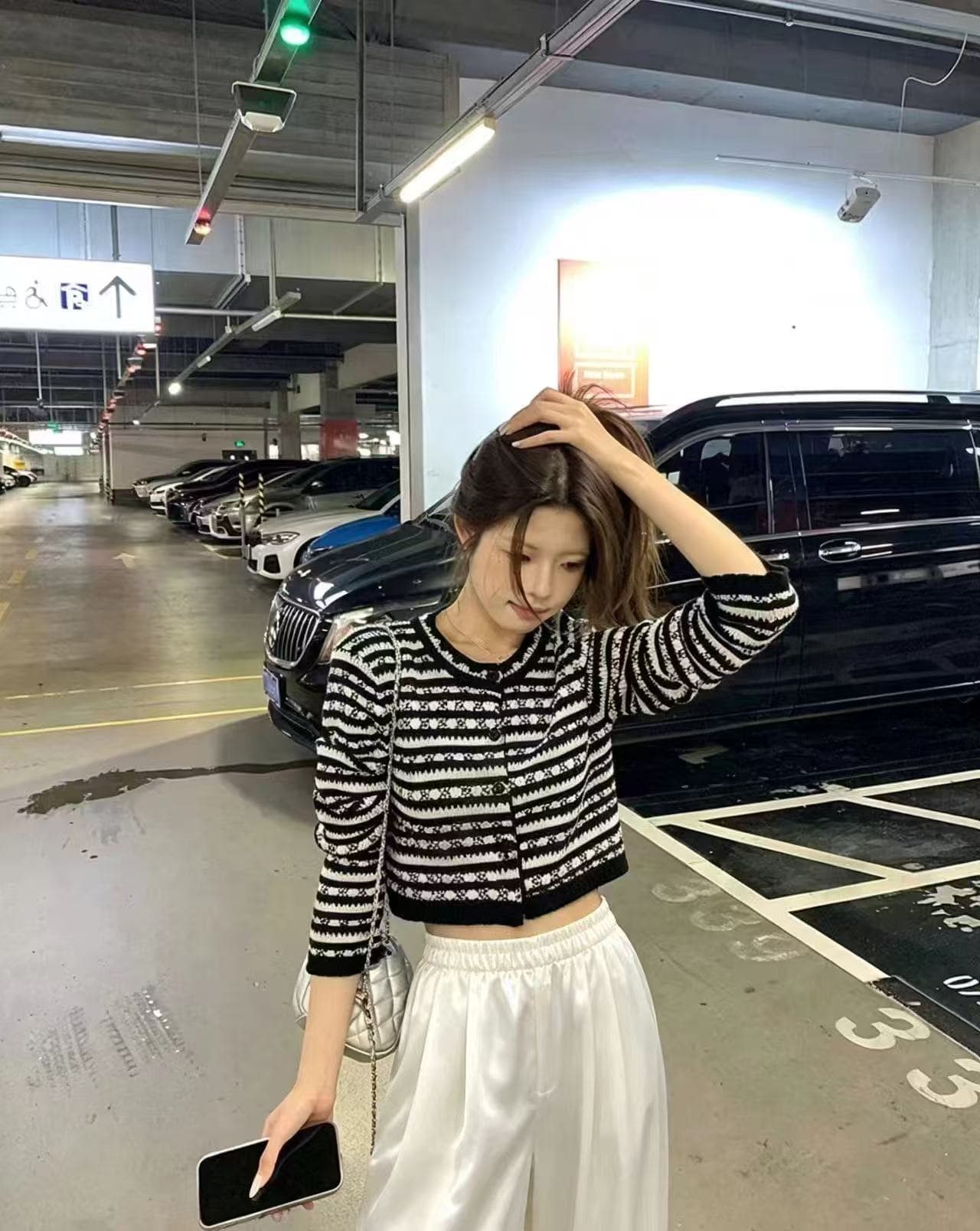 새로운 프랑스식 작은 샤넬 스타일 스트라이프 니트 쇼트 스타일 라운드 넥 긴팔 오픈 가디건 허리밴드 캐주얼 바지 세트 상세 이미지 5
