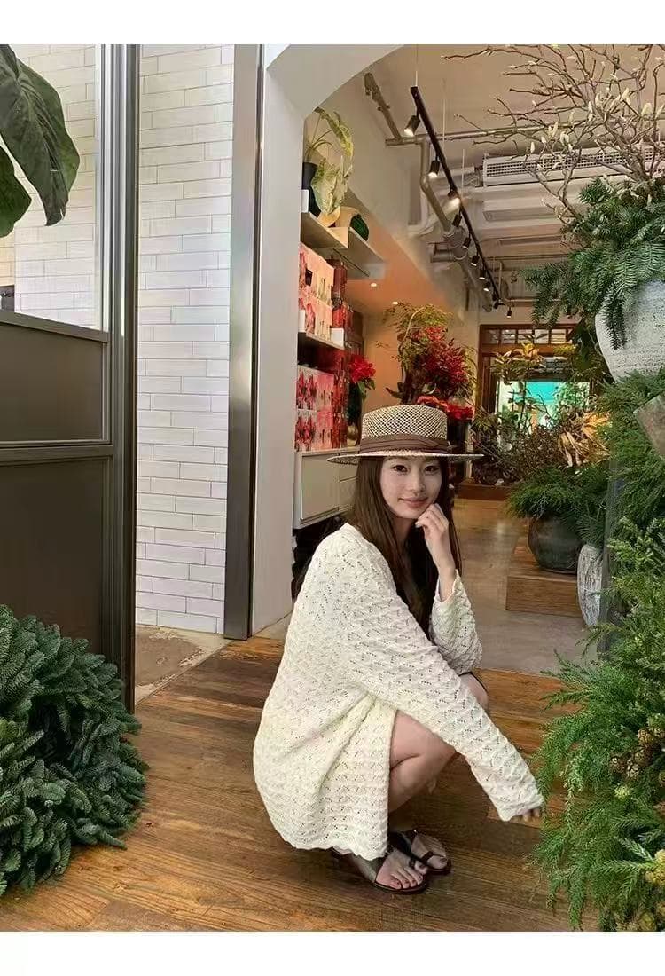 새로운 느긋한 바람 슬림해 보이는 루즈핏 홀로우 아웃 니트 오픈 가디건 슬립 허리밴드 반바지 3종 세트 상세 이미지 2