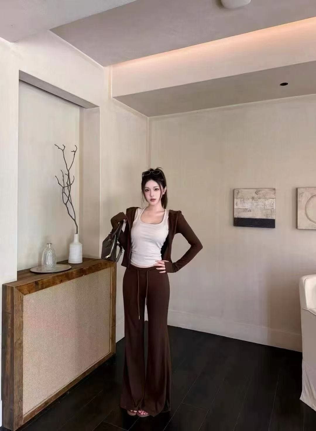 새로운 패션 핫걸 후드 V넥 지퍼 오픈 가디건 슬립 허리밴드 캐주얼 바지 3 세트 상세 이미지 1