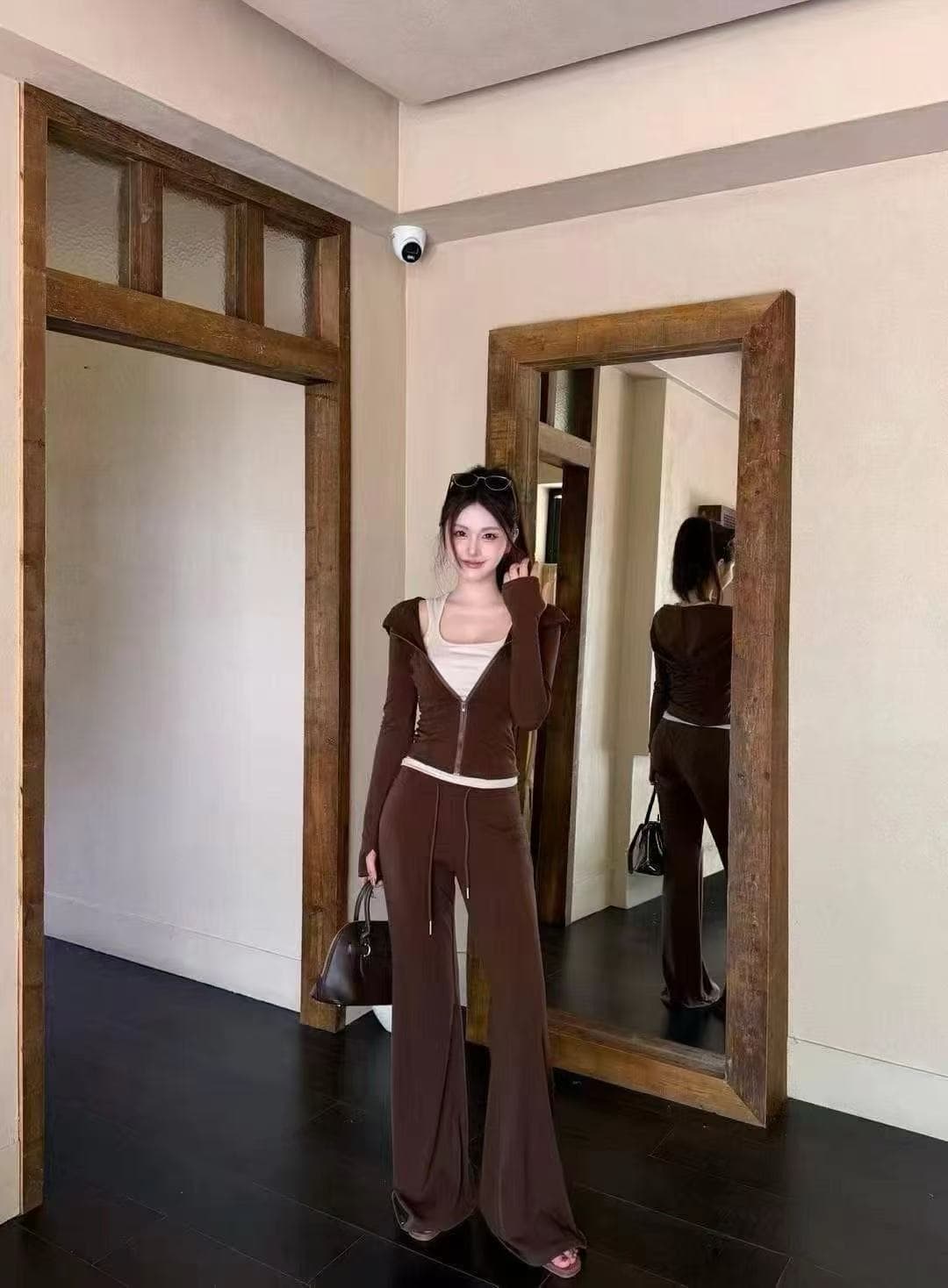 새로운 패션 핫걸 후드 V넥 지퍼 오픈 가디건 슬립 허리밴드 캐주얼 바지 3 세트 상세 이미지 2