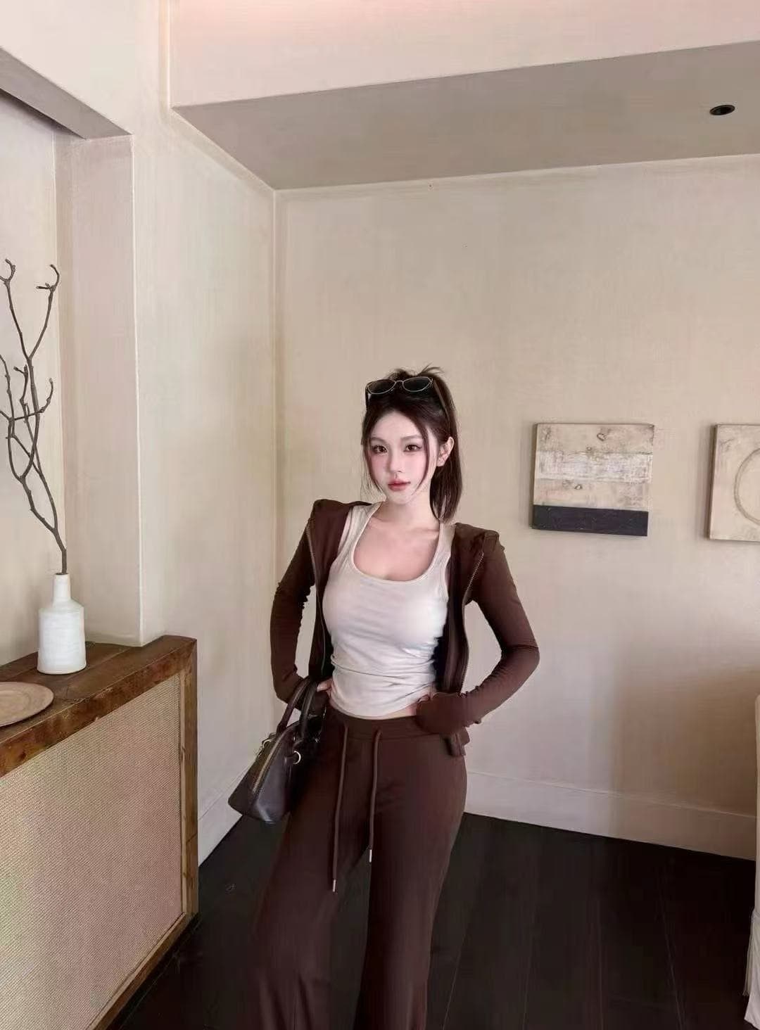 새로운 패션 핫걸 후드 V넥 지퍼 오픈 가디건 슬립 허리밴드 캐주얼 바지 3 세트 상세 이미지 3