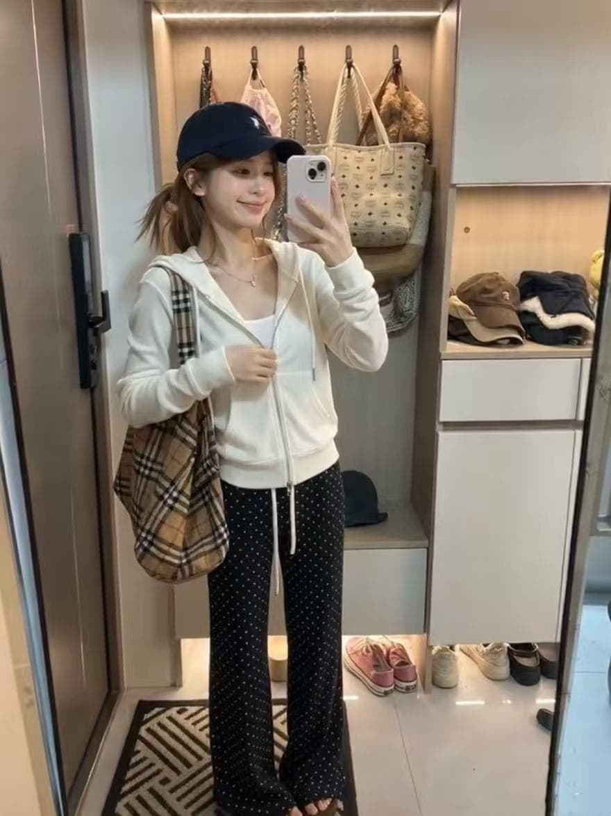 새로운 핫걸 후드 V넥 지퍼 오픈 가디건 슬립 허리밴드 도트 무늬 캐주얼 바지 3 세트 이미지 2