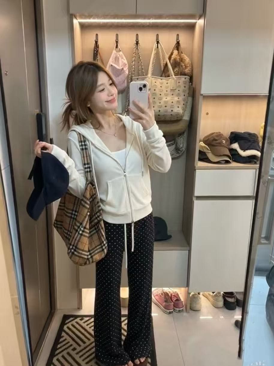 새로운 핫걸 후드 V넥 지퍼 오픈 가디건 슬립 허리밴드 도트 무늬 캐주얼 바지 3 세트 상세 이미지 3