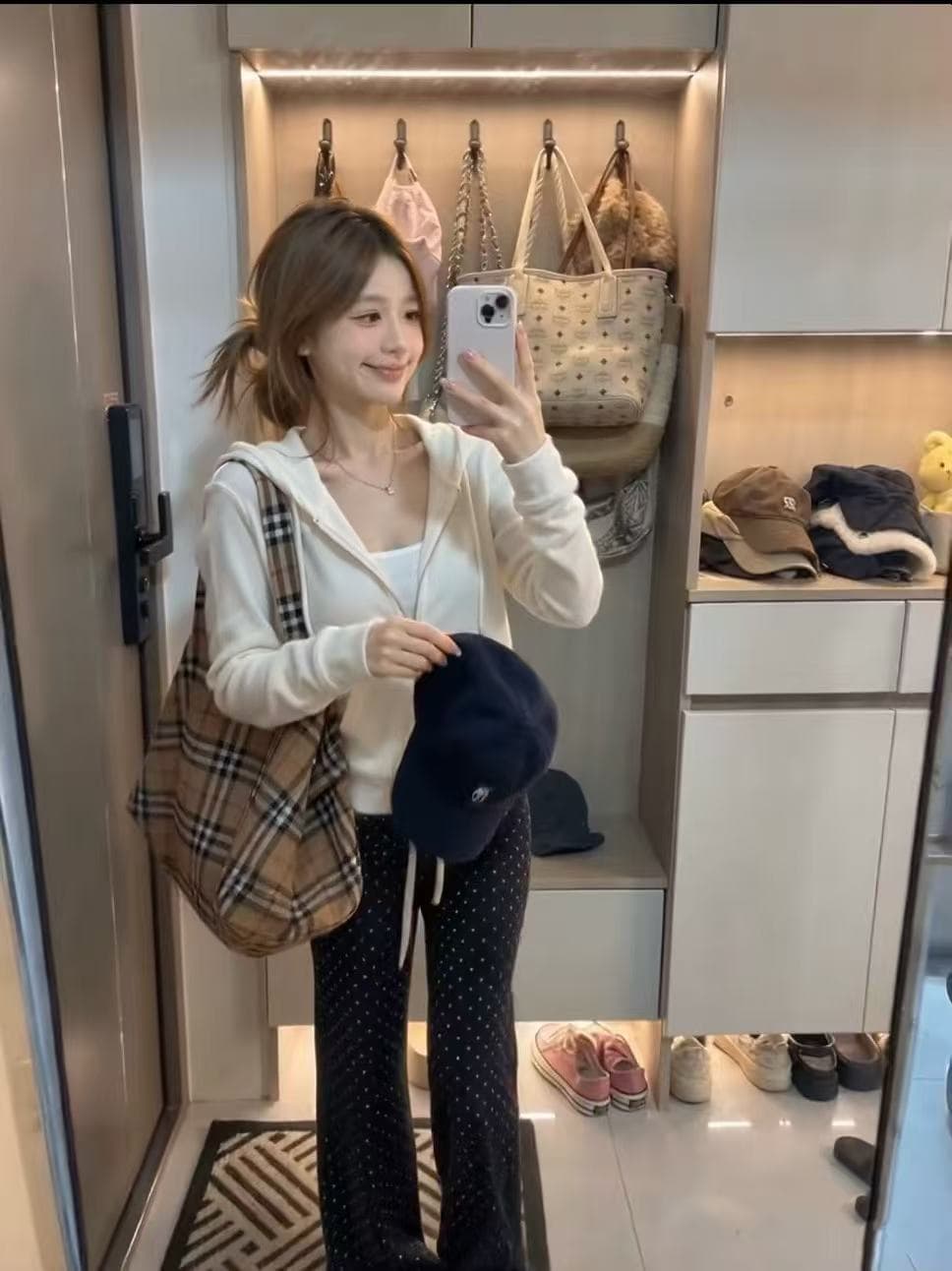 새로운 핫걸 후드 V넥 지퍼 오픈 가디건 슬립 허리밴드 도트 무늬 캐주얼 바지 3 세트 상세 이미지 6