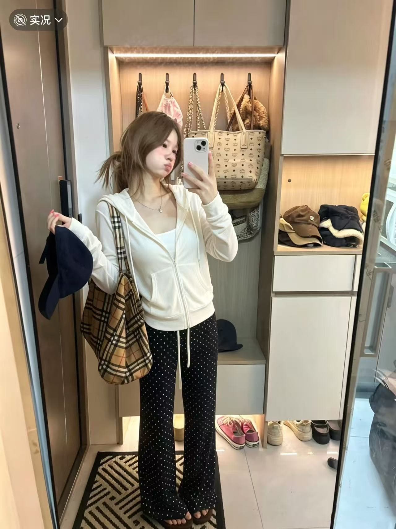 새로운 핫걸 후드 V넥 지퍼 오픈 가디건 슬립 허리밴드 도트 무늬 캐주얼 바지 3 세트 상세 이미지 7