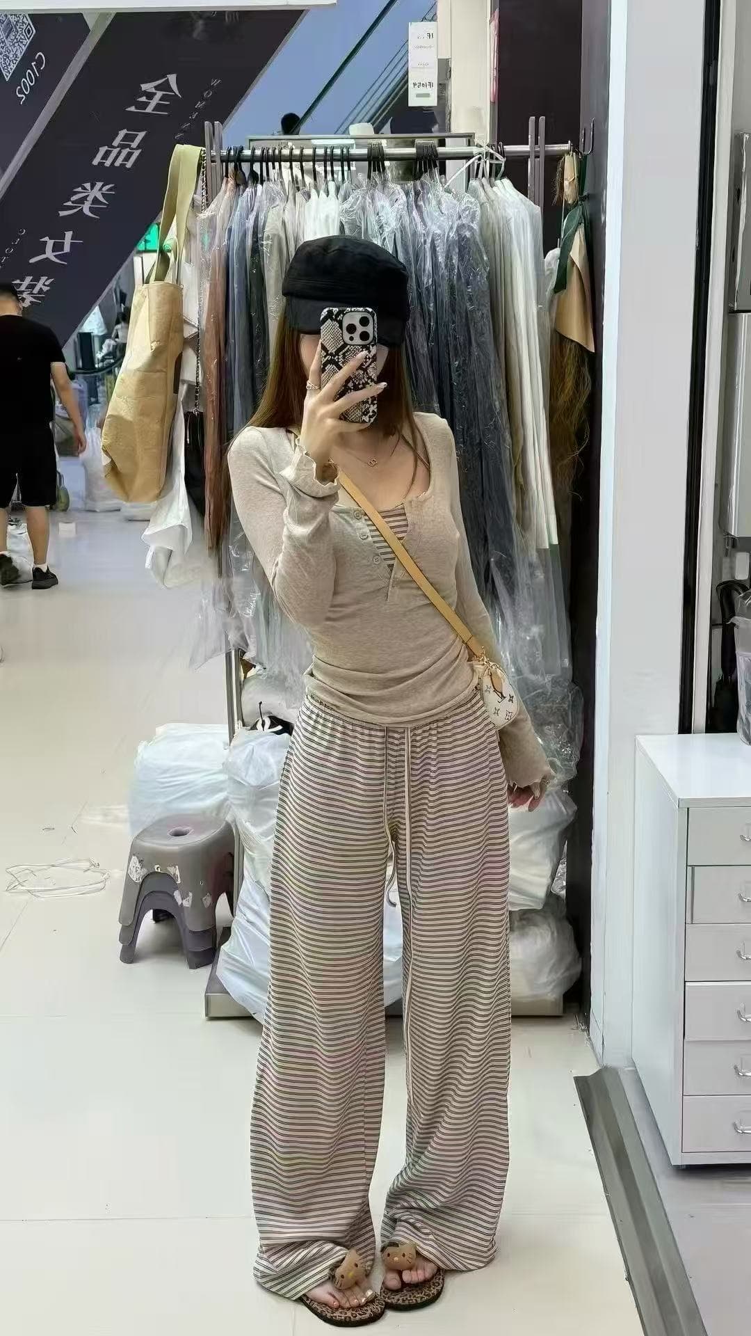 새로운 패션 핫걸 행침 목 조끼 긴팔 맨위 허리밴드 스트라이프 캐주얼 바지 3종 세트 이미지 5