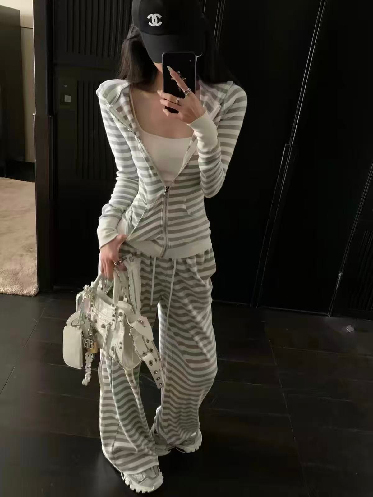 새로운 느슨함 센스 캐주얼 스트라이프 지퍼 후드 티 스웨터 슬립 허리밴드 와이드 레그 팬츠 3종 세트 상세 이미지 8