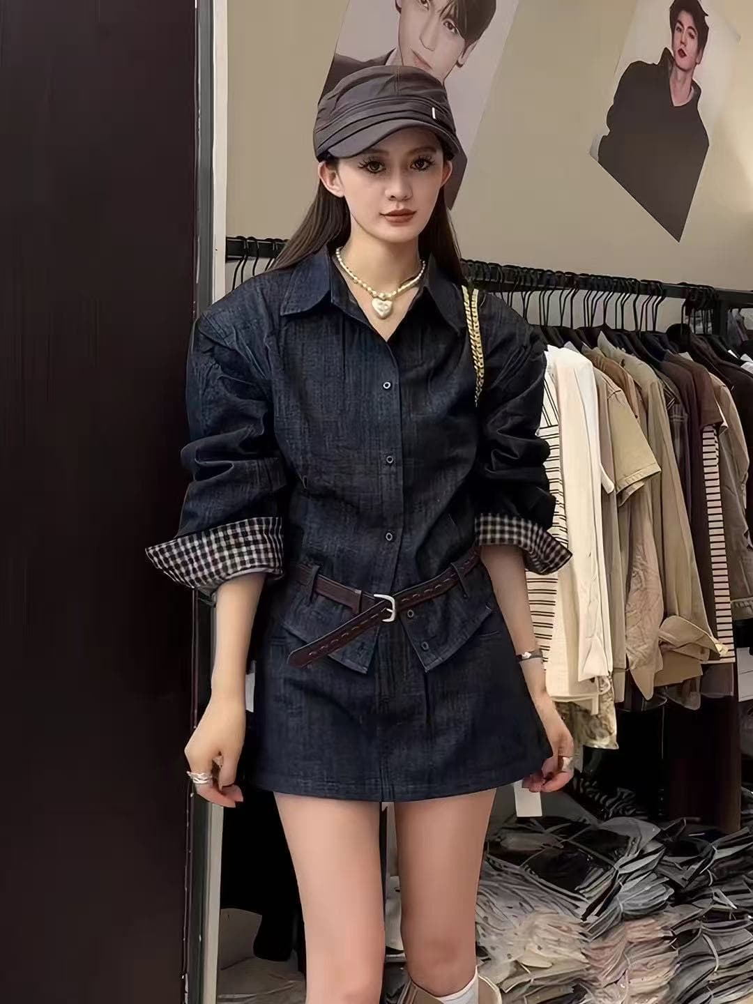 새로운 추천 주간 실크 아마 데님 허리 수축 긴팔 셔츠 하이웨이스트 치마바지 벨트 3 세트 이미지 2