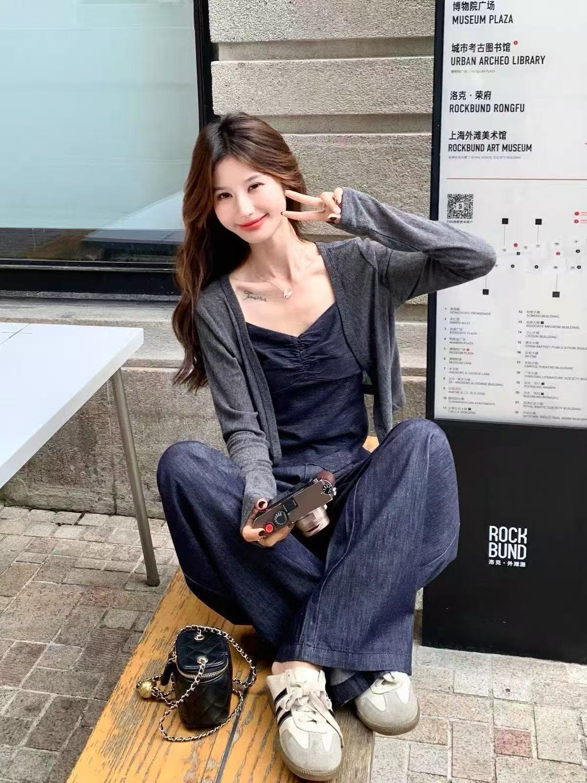 새로운 한 부서 품격 자이언트 잘 생긴 캐주얼 오픈 가디건 데님 슬립 허리밴드 와이드 레그 팬츠 3종 세트 상세 이미지 5