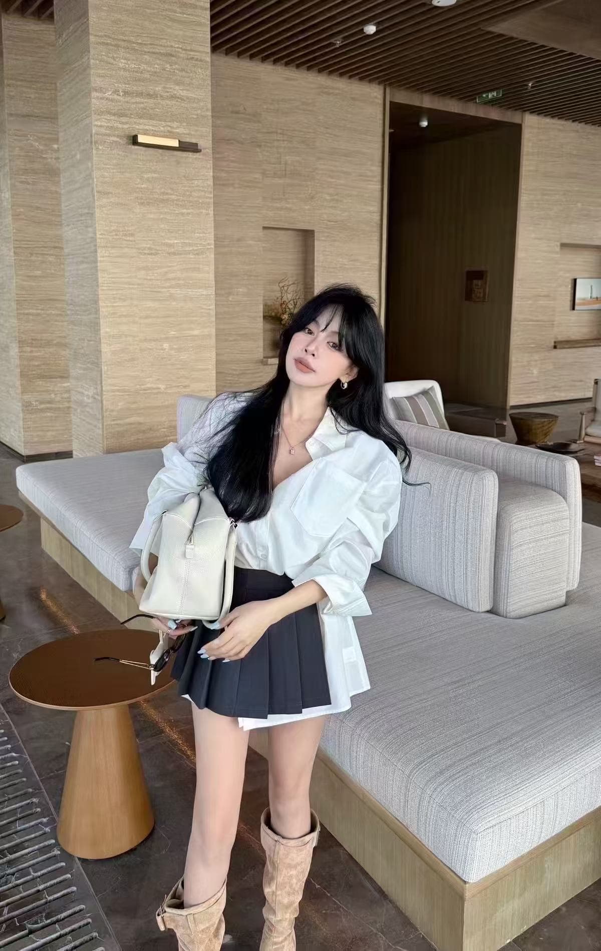 새로운 한 부서 학원 스타일 품격 느긋한 루즈핏 긴팔 셔츠 플리츠 스커트 허리 인감 치마 투피스 세트 상세 이미지 1